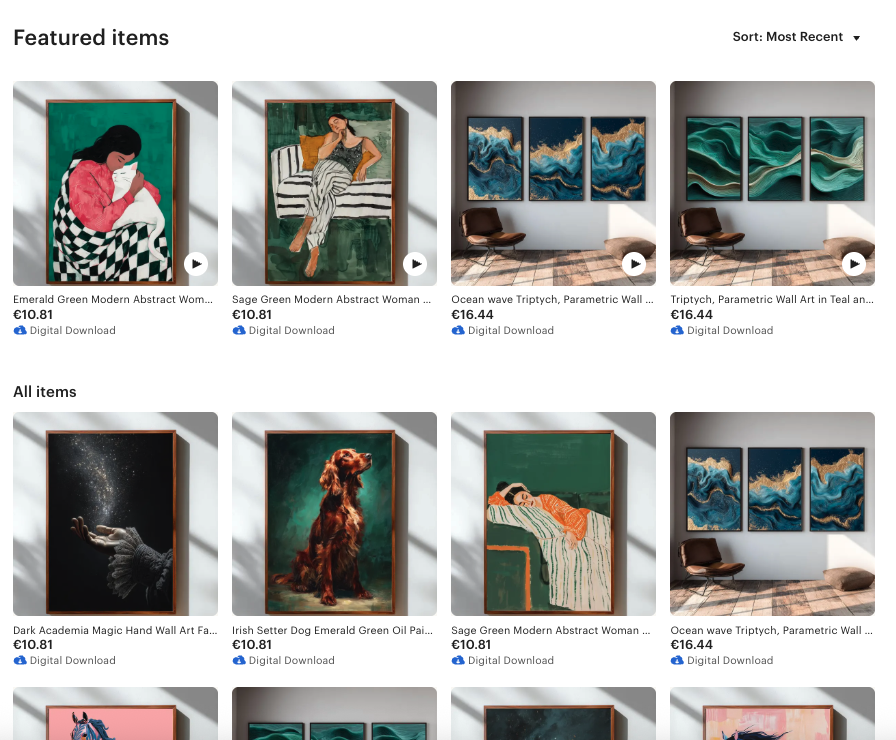 Etsy shop products — emerald green wall art